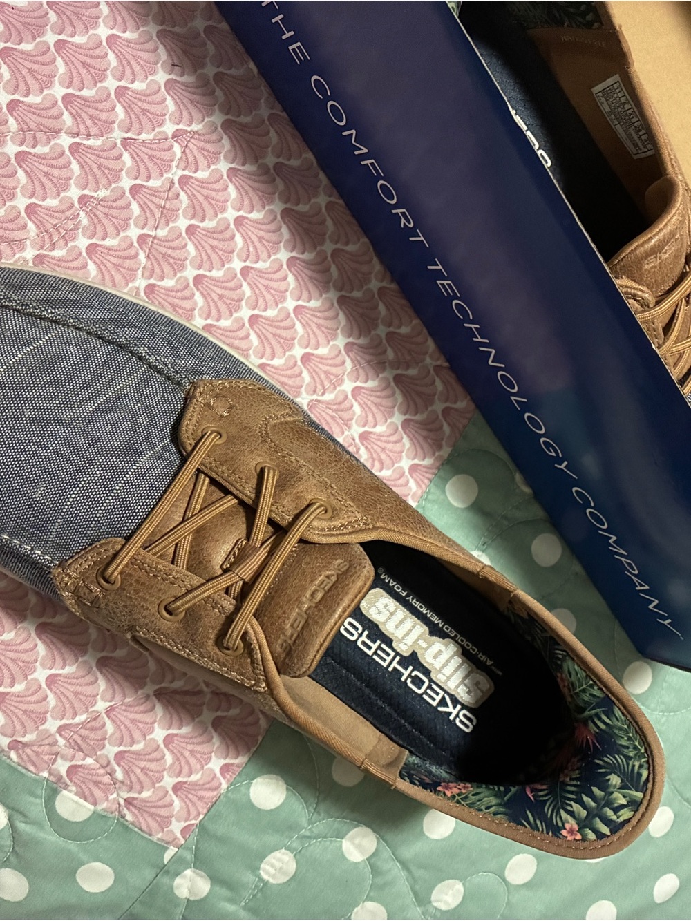 Skechers woman’s Tan and Blue Canvas-Trim Boat Shoes